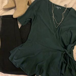 Dark Green LOFT Cotton Wrap Peplum Top - size L